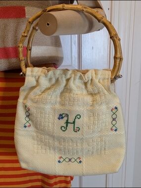 Vintage Hand-Embroidered Cream Color Bamboo-Handle Women's Bag Initial H